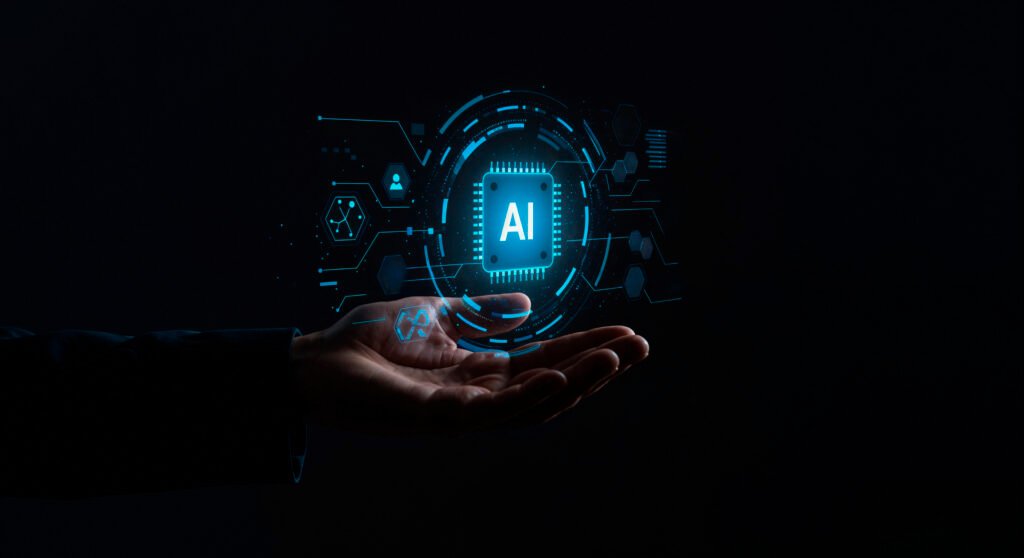 IA Empresa - Mão segurando representação digital de chip com inteligência artificial.