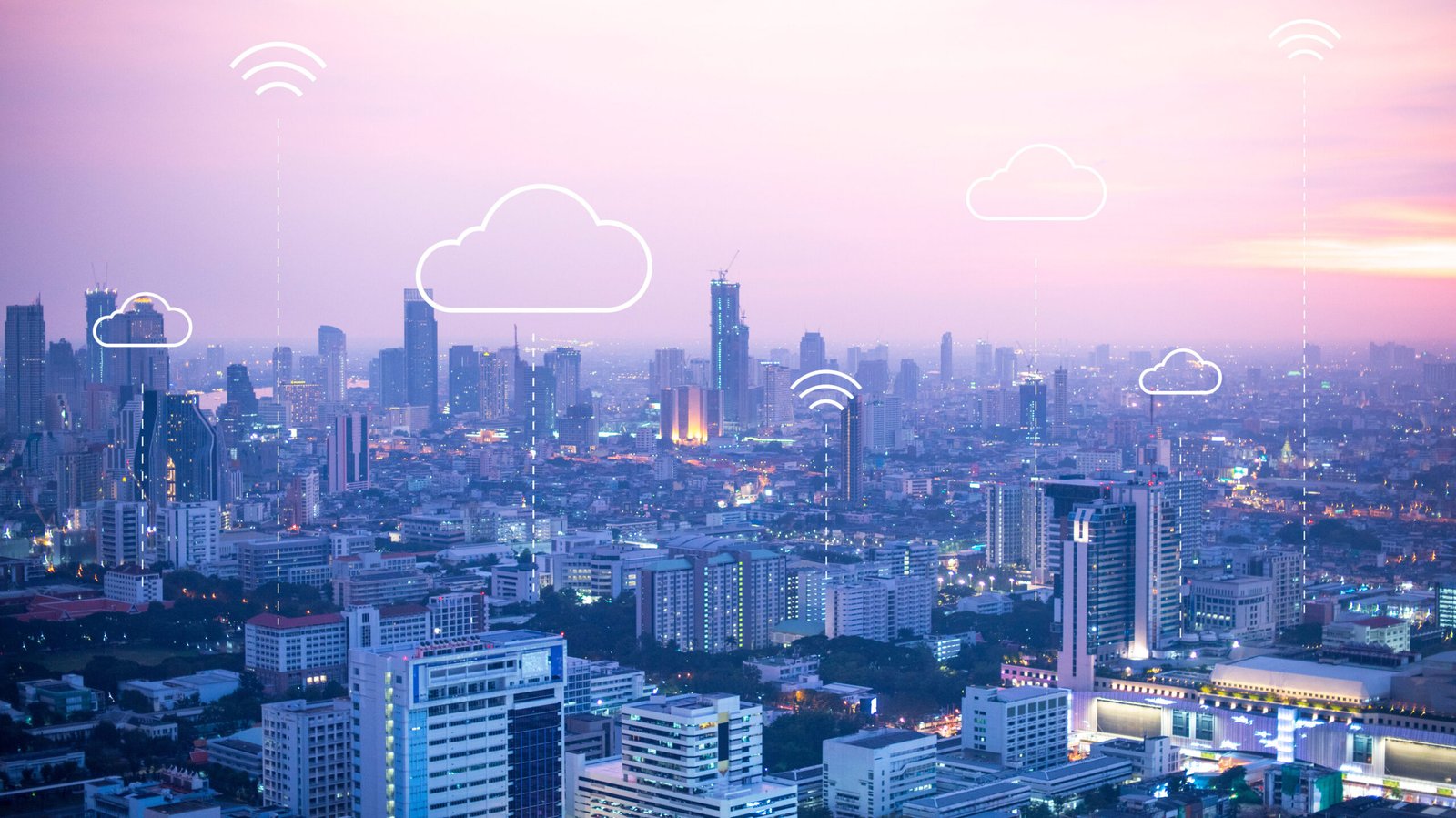 Cidade conectada por ícones de nuvem e Wi-Fi, ilustrando conectividade, computação em nuvem e controle de internet empresarial.