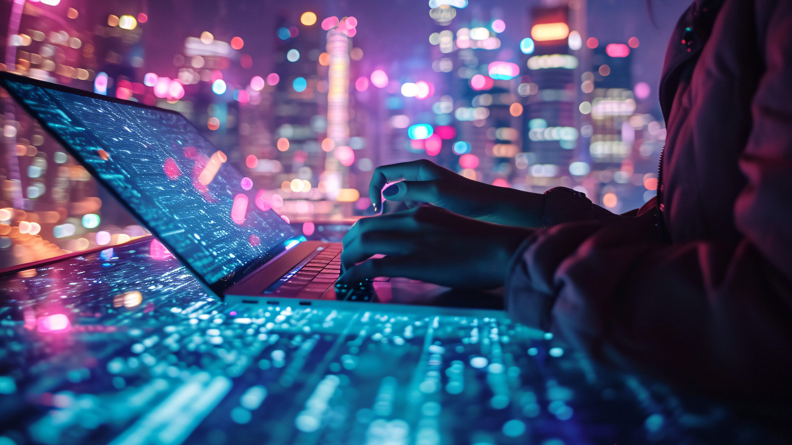 Controle de internet - Pessoa utilizando notebook em ambiente urbano noturno, simbolizando navegação online, trabalho remoto e uso seguro da internet.