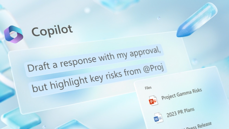 IA Empresa - Interface do Microsoft Copilot sugerindo resposta com base em arquivos corporativos.