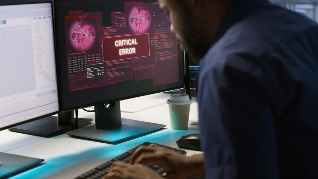 IA Empresa - Monitor exibindo alerta de erro crítico em sistema de computador.